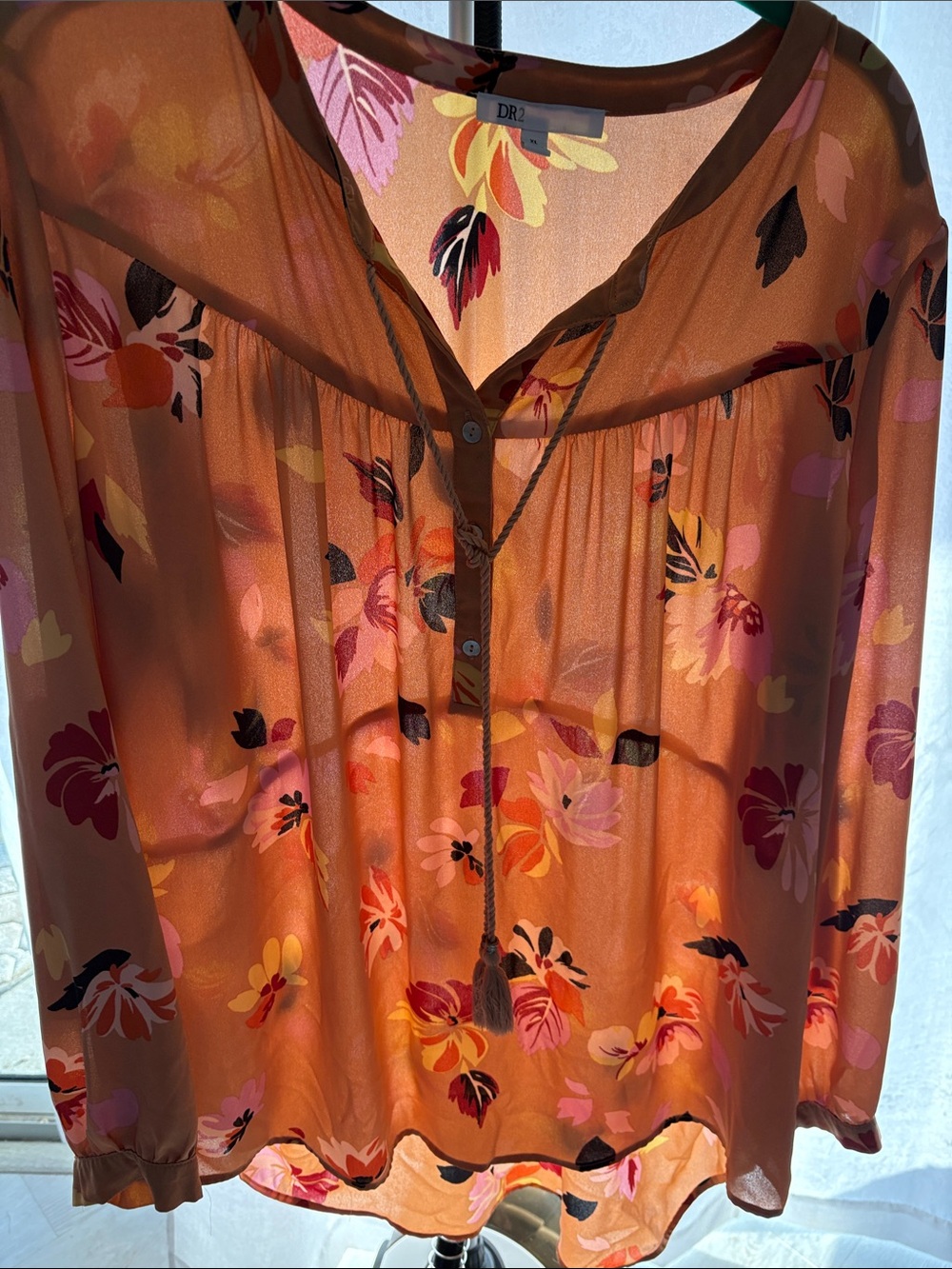 DR2 Rust Orange Multicolor Floral Sheer Peasant Blouse